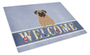 Pug Brown Welcome Cutting Board Tempered Glass Kitchen Cutting Surface, Heat Resistant Chopping, Non-Slip Feet, Food Prep & Serving