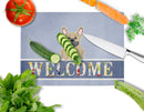 French Bulldog Cream Welcome Cutting Board Tempered Glass Kitchen Cutting Surface, Heat Resistant Chopping, Non-Slip Feet, Food Prep & Serving
