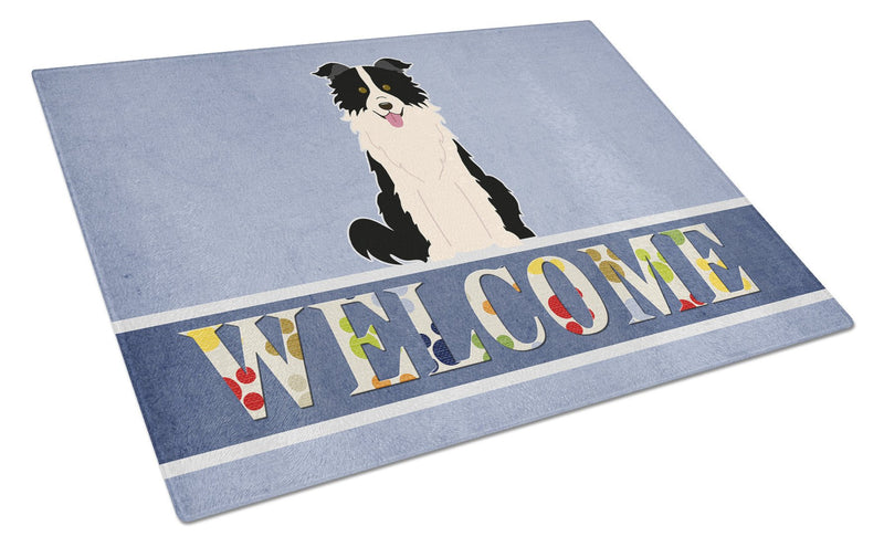 Border Collie Black White Welcome Glass Cutting Boards – Durable, Decorative Kitchen Art Large BB5699LCB