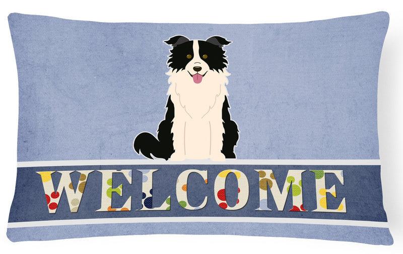 Border Collie Black White Welcome Canvas Fabric Decorative Pillow BB5699PW1216