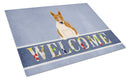 Bull Terrier Red White Welcome Cutting Board Tempered Glass Kitchen Cutting Surface, Heat Resistant Chopping, Non-Slip Feet, Food Prep & Serving