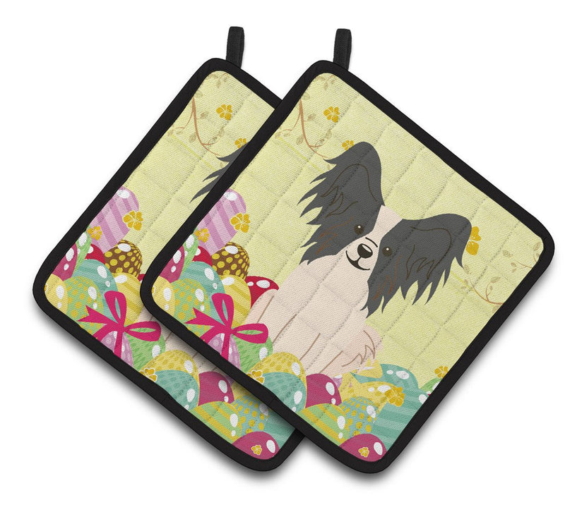 Easter Eggs Papillon Black White Pair of Pot Holders BB6076PTHD