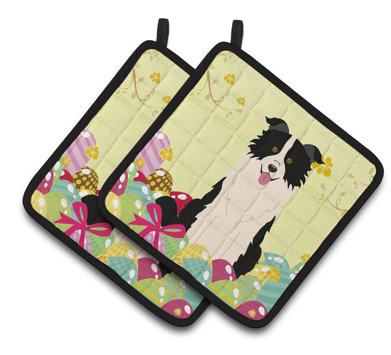 Easter Eggs Border Collie Black White Pair of Pot Holders BB6118PTHD