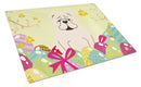 Easter Eggs English Bulldog White Cutting Board Tempered Glass Kitchen Cutting Surface, Heat Resistant Chopping, Non-Slip Feet, Food Prep & Serving