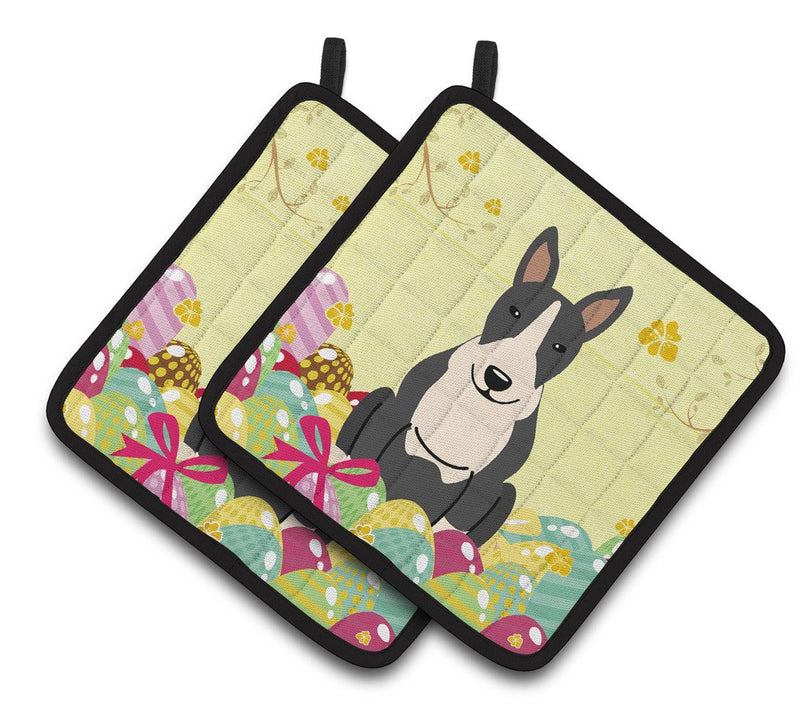 Easter Eggs Bull Terrier Black White Pair of Pot Holders BB6133PTHD