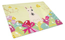 Easter Eggs Bull Terrier White Cutting Board Tempered Glass Kitchen Cutting Surface, Heat Resistant Chopping, Non-Slip Feet, Food Prep & Serving