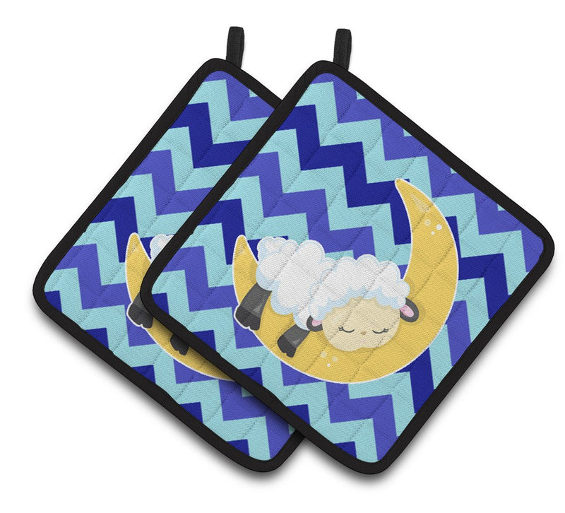 Sheep on Moon Chevron Pair of Pot Holders BB6877PTHD