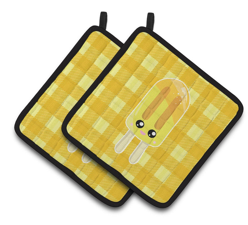 Ice Pop Popsicle Face Gingham Yellow Pair of Pot Holders BB7069PTHD