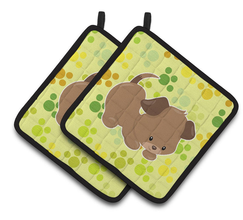 Puppy on Green Pawprints Pair of Pot Holders BB7078PTHD