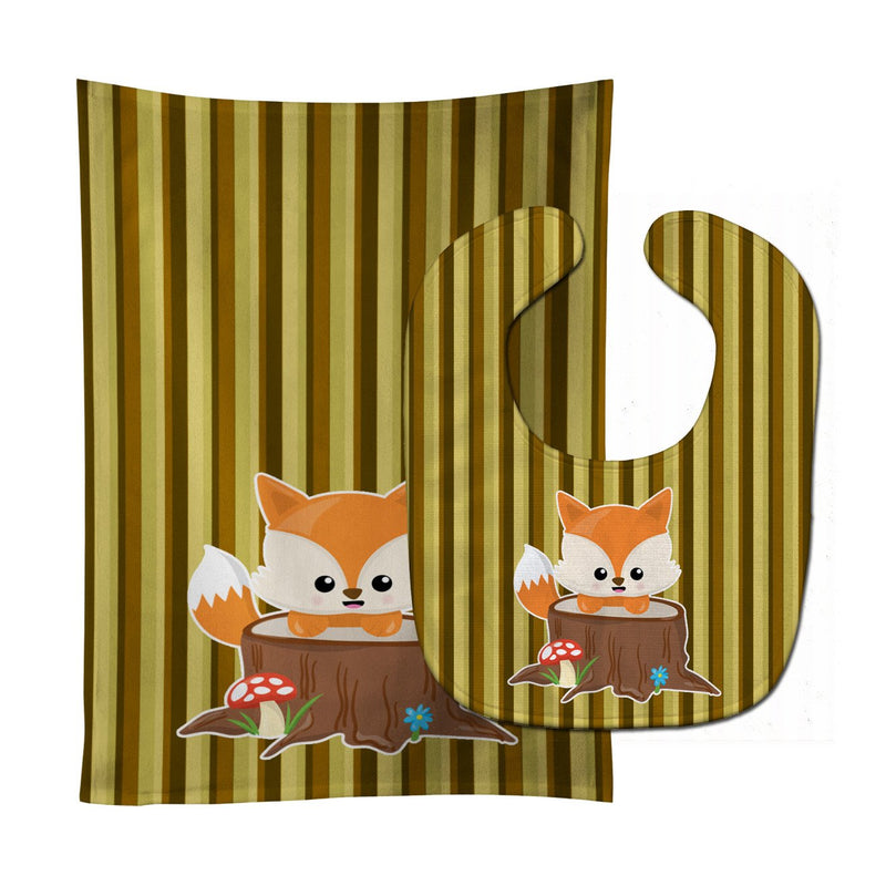 Baby Fox Tree Stripes Baby Bib & Burp Cloth BB7088STBU