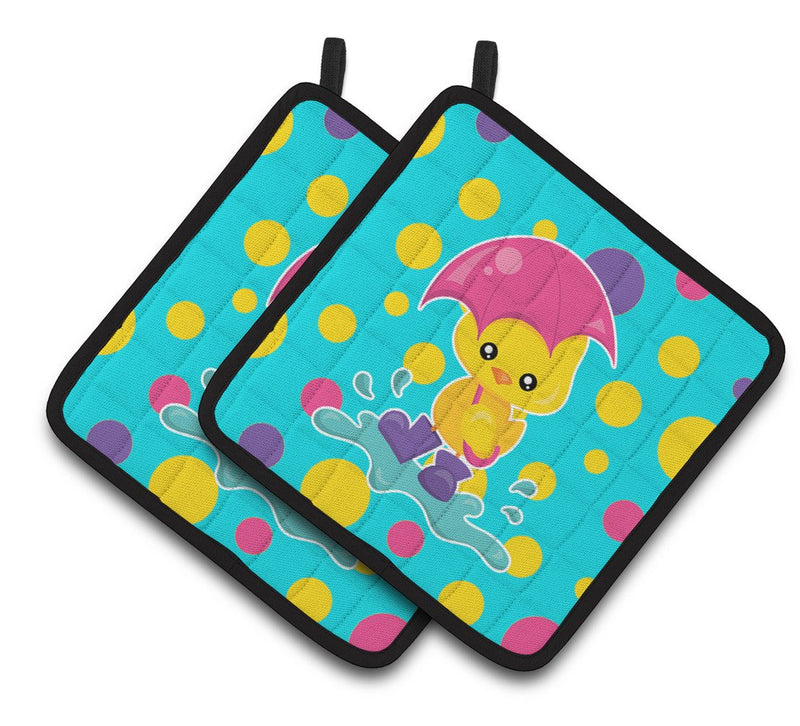 Duck in the Rain on Polkadots Pair of Pot Holders BB7101PTHD