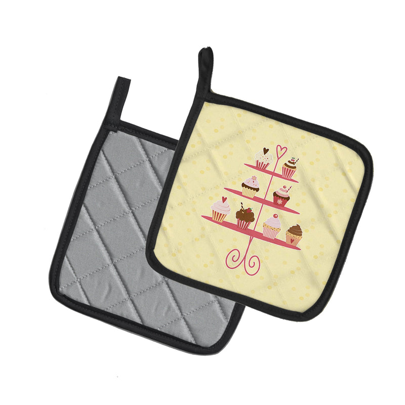 3 Tier Cupcakes on Yellow Pot Holders - Set of 2 - Heat-Resistant Kitchen Essentials BB7289PTHD