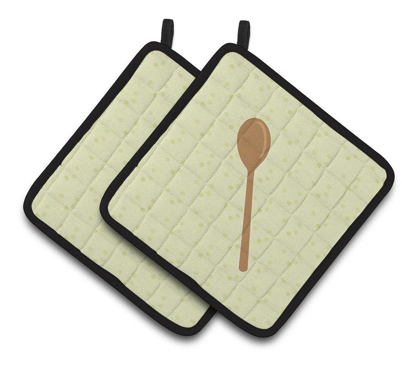 Wooden Spoon on Green Pair of Pot Holders BB7300PTHD