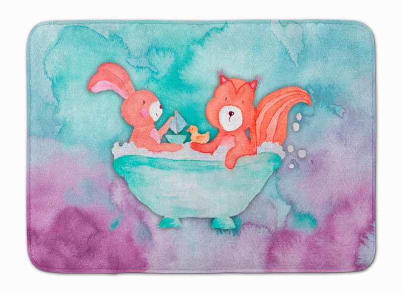 Rabbit and Squirrel Bathing Watercolor Machine Washable Memory Foam Mat BB7348RUG