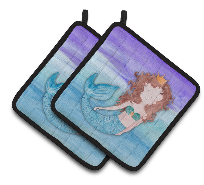 Brunette Mermaid Watercolor Pair of Pot Holders BB7422PTHD