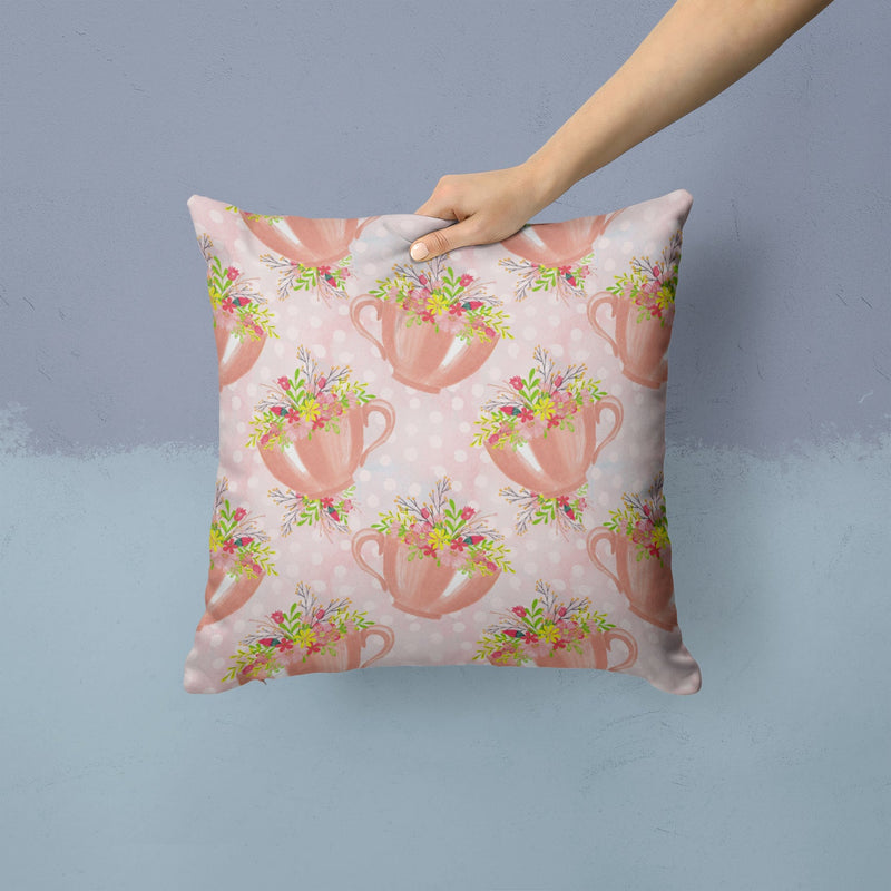 Tea Cup and Flowers Pink Fabric Decorative Pillow BB7481PW1414