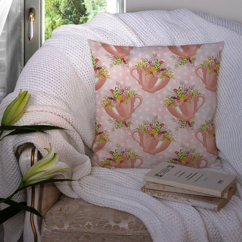 Tea Cup and Flowers Pink Fabric Decorative Pillow BB7481PW1414