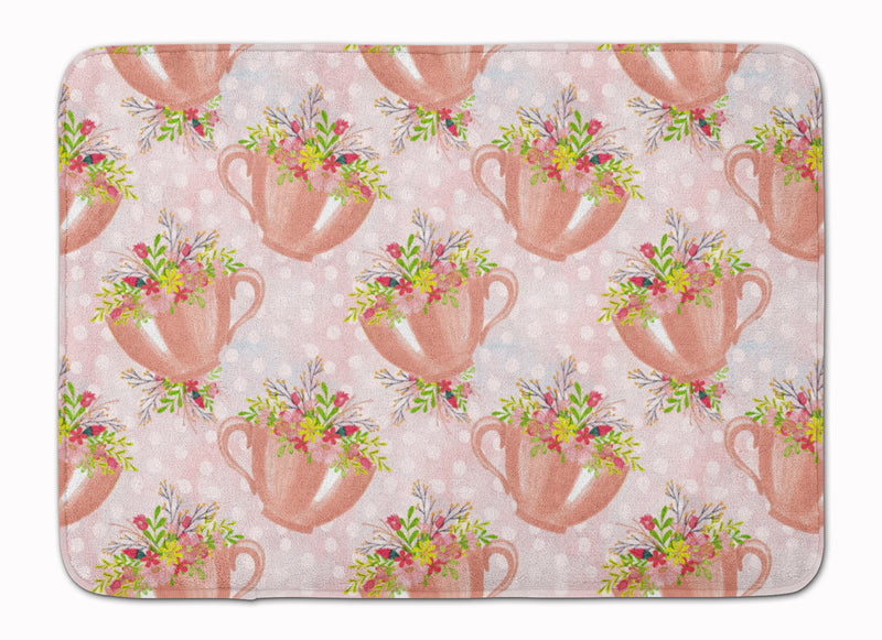 Tea Cup and Flowers Pink Machine Washable Memory Foam Mat BB7481RUG