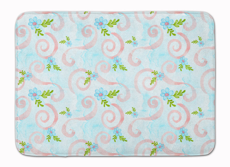 Watercolor Blue Flowers and Swirls Machine Washable Memory Foam Mat BB7482RUG