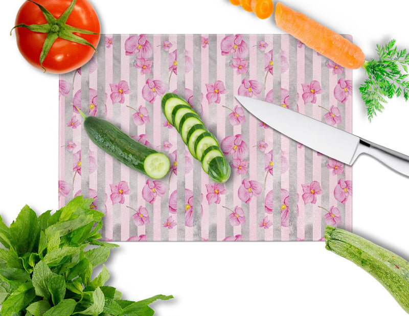 Watercolor Pink Flowers Grey Stripes Glass Cutting Board Large BB7502LCB