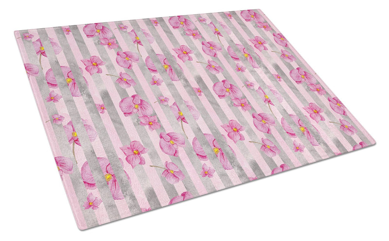 Watercolor Pink Flowers Grey Stripes Glass Cutting Board Large BB7502LCB