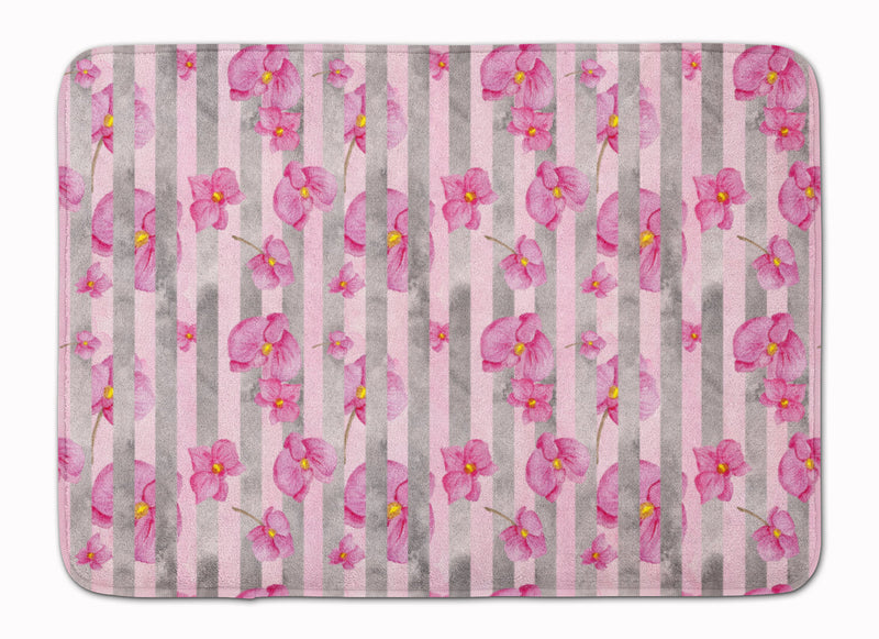 Watercolor Pink Flowers Grey Stripes Machine Washable Memory Foam Mat BB7502RUG