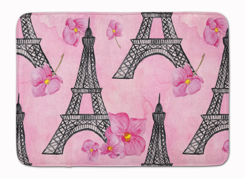 Watercolor Pink Flowers and Eiffel Tower Machine Washable Memory Foam Mat BB7511RUG