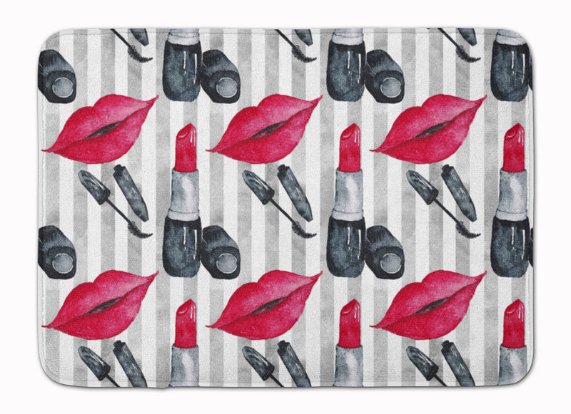 Watercolor Lipstick and Grey Stripes Machine Washable Memory Foam Mat BB7512RUG