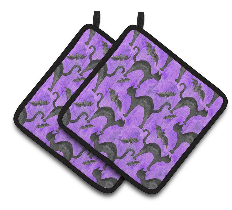 Watecolor Halloween Black Cats on Purple Pair of Pot Holders BB7528PTHD