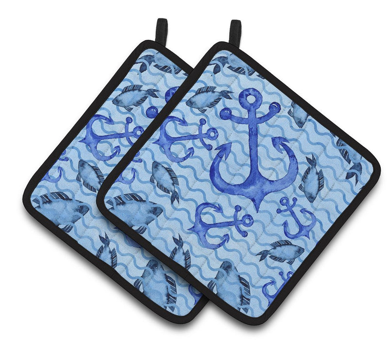 Beach Watercolor Anchors and Fish Pair of Pot Holders BB7534PTHD