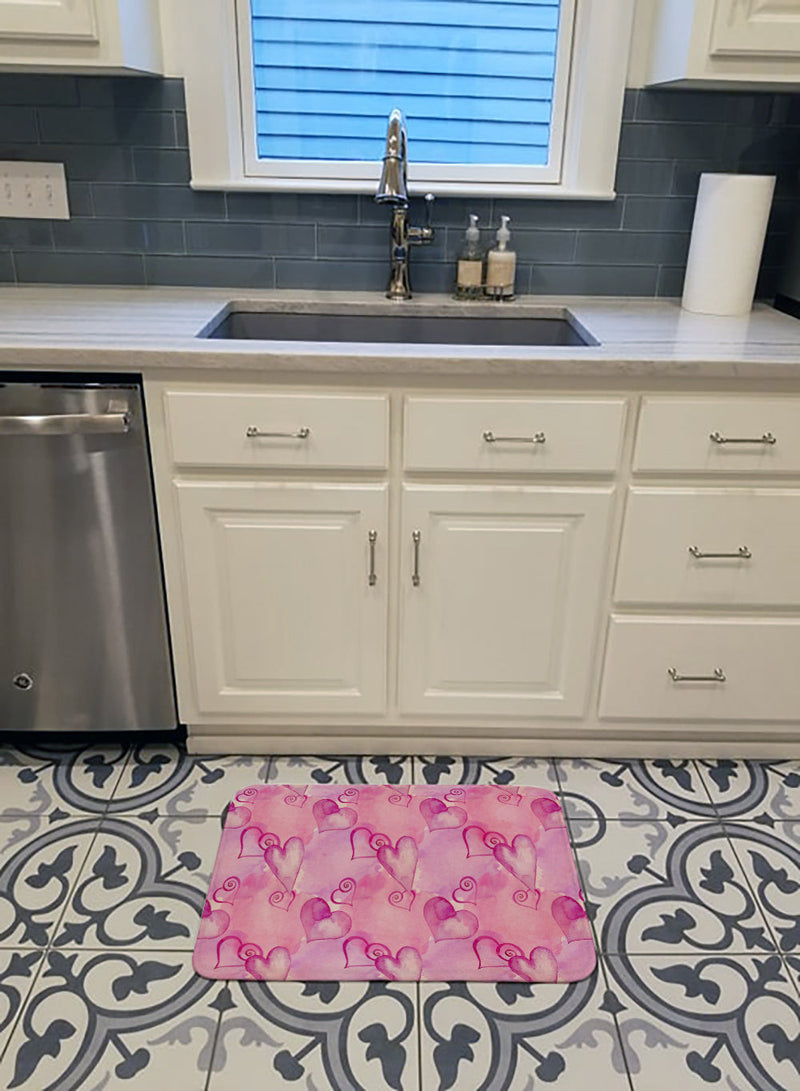 Watercolor Hot Pink Hearts Machine Washable Memory Foam Mat BB7564RUG