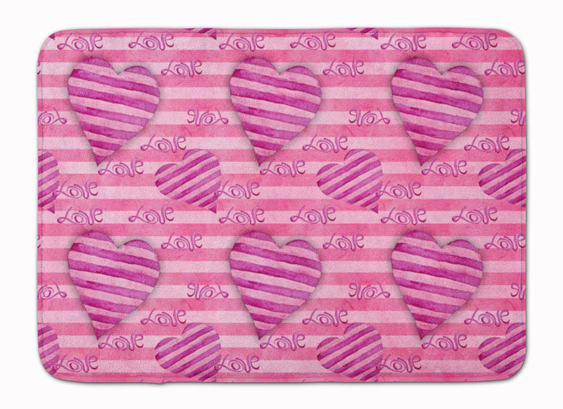 Watercolor Hot Pink Striped Hearts Machine Washable Memory Foam Mat BB7566RUG