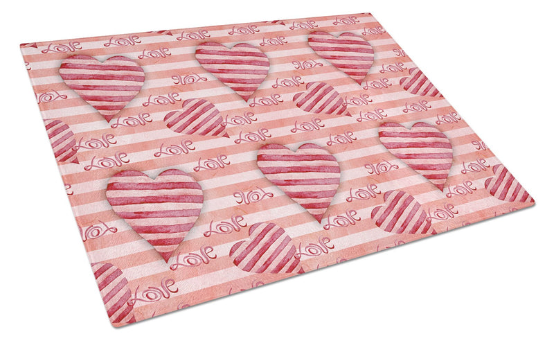 Watercolor Red Striped Hearts Glass Cutting Board Large BB7567LCB