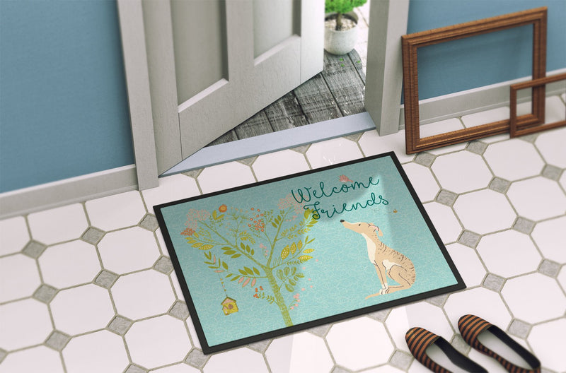 Welcome Friends Brindle Greyhound Indoor or Outdoor Mat 24x36 BB7591JMAT