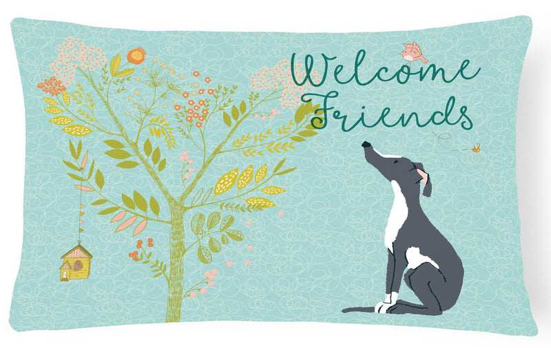 Welcome Friends Black White Greyhound Canvas Fabric Decorative Pillow BB7592PW1216