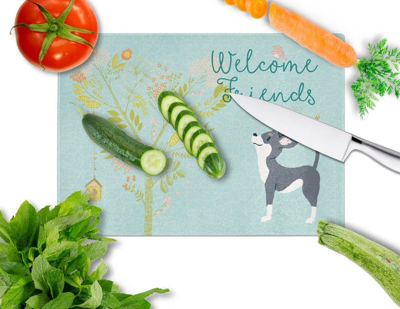 Welcome Friends Black White Chihuahua Glass Cutting Board Large BB7627LCB