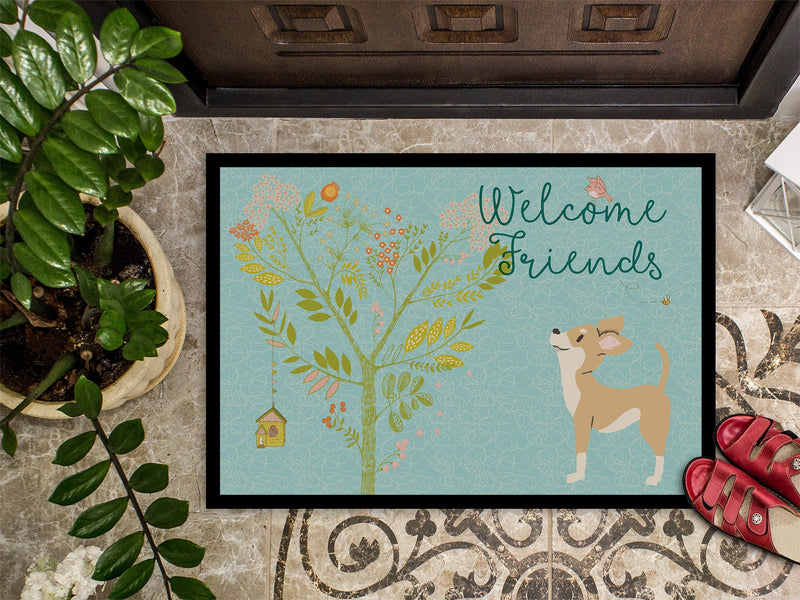 Welcome Friends Brown White Chihuahua Indoor or Outdoor Mat 18x27 BB7628MAT