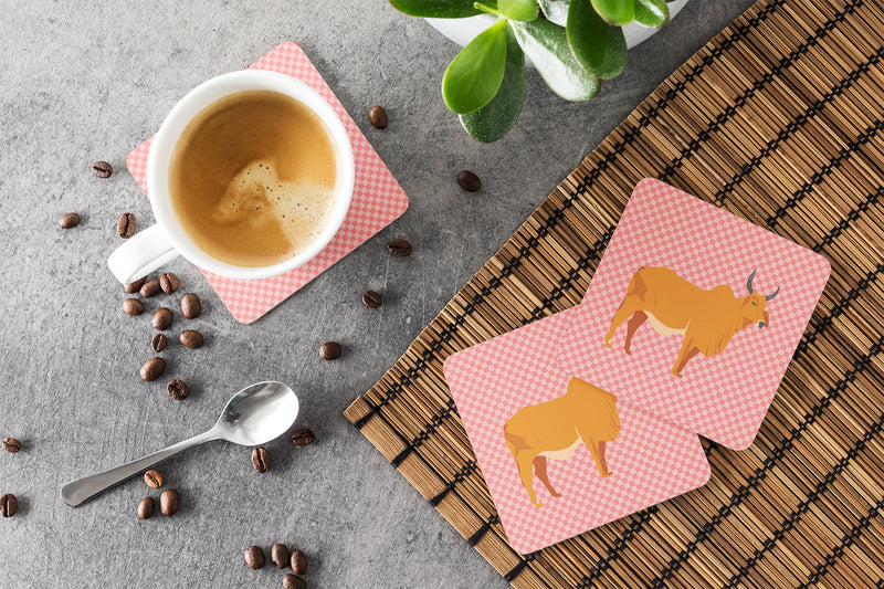 Zebu Indicine Cow Pink Check Foam Coaster Set of 4 BB7825FC