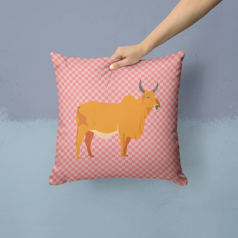 Zebu Indicine Cow Pink Check Fabric Decorative Pillow BB7825PW1414