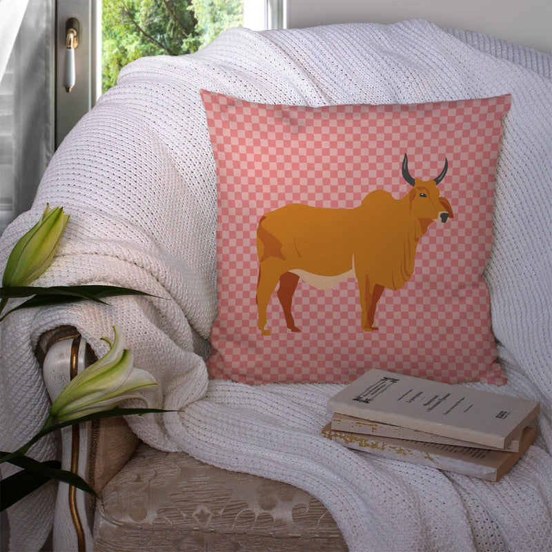 Zebu Indicine Cow Pink Check Fabric Decorative Pillow BB7825PW1414