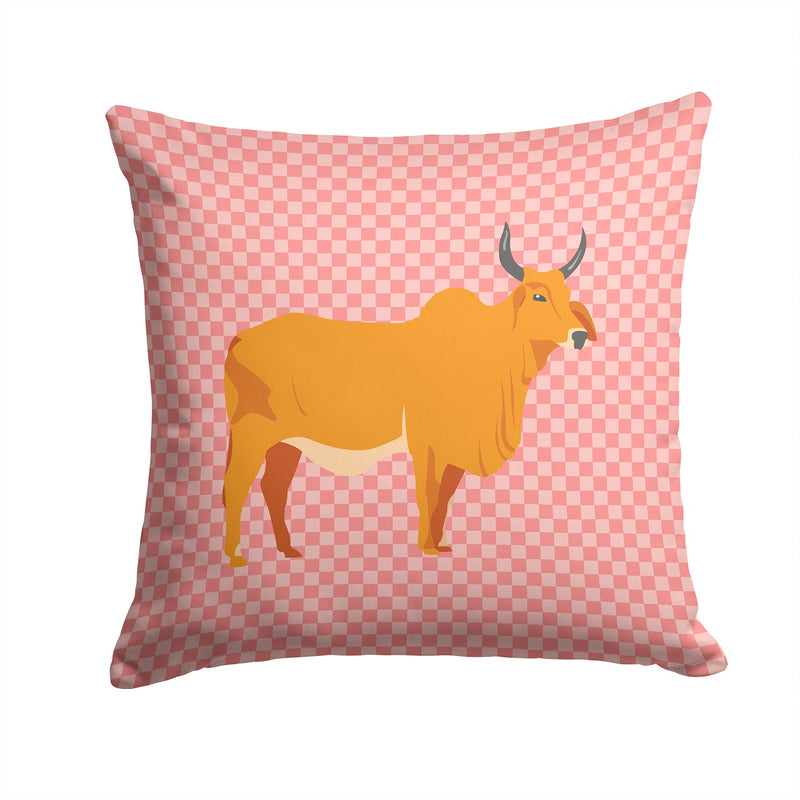 Zebu Indicine Cow Pink Check Fabric Decorative Pillow BB7825PW1414