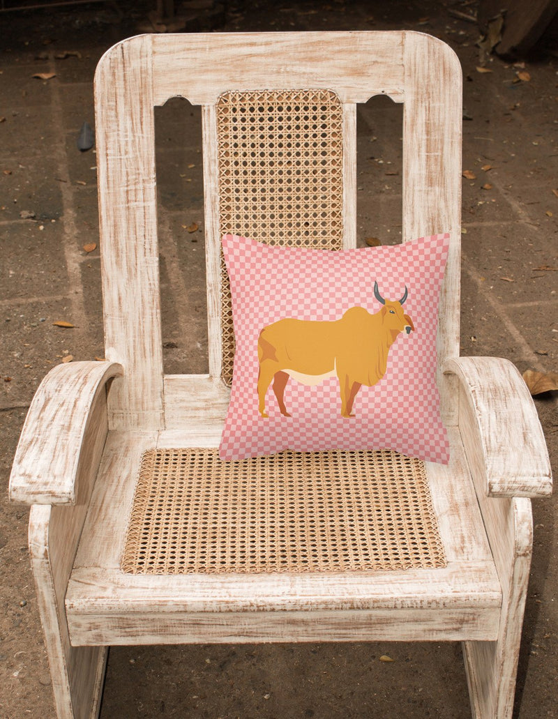 Zebu Indicine Cow Pink Check Fabric Decorative Pillow BB7825PW1818