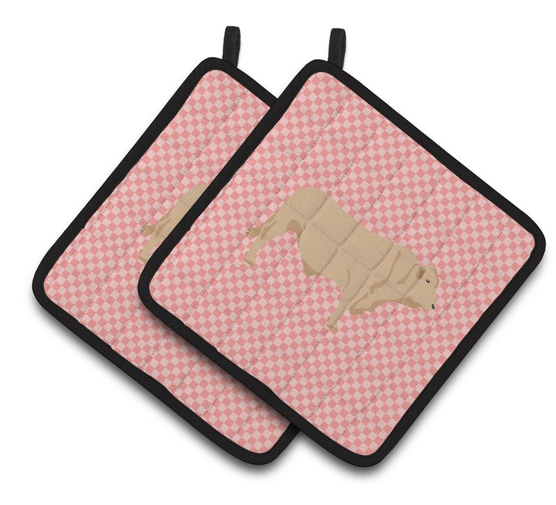 Charolais Cow Pink Check Pair of Pot Holders BB7826PTHD