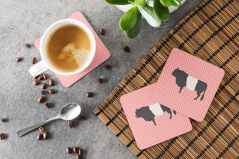 Belted Galloway Cow Pink Check Foam Coaster Set of 4 BB7831FC