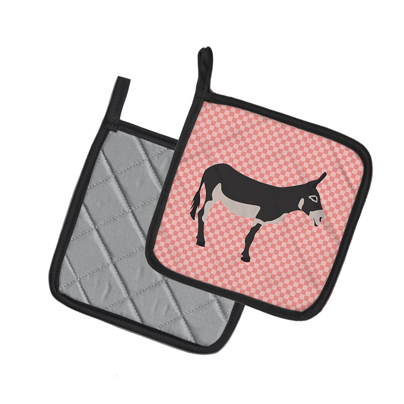American Mammoth Jack Donkey Pink Check Pot Holders - Set of 2 - Heat-Resistant Kitchen Essentials BB7844PTHD
