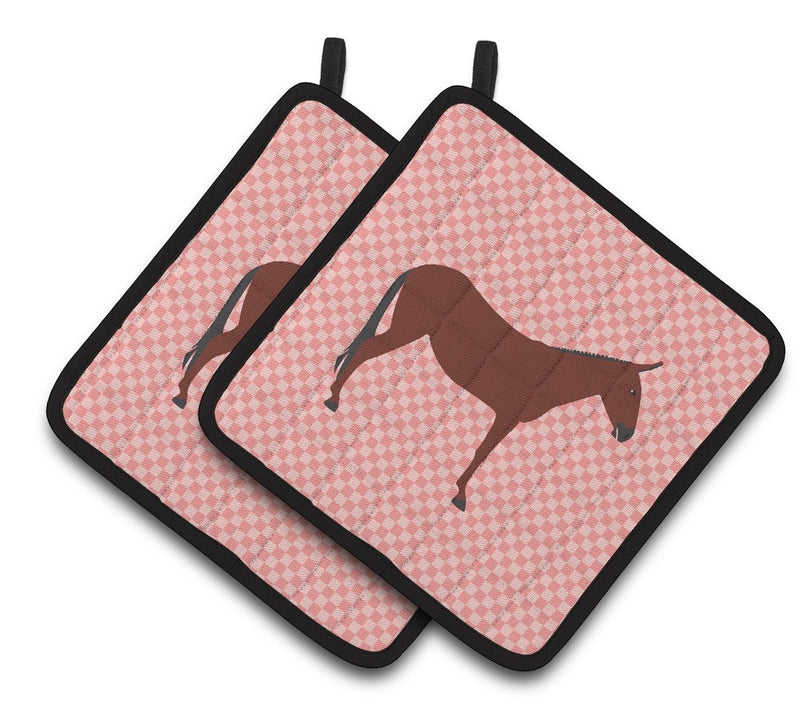 Hinny Horse Donkey Pink Check Pair of Pot Holders BB7850PTHD