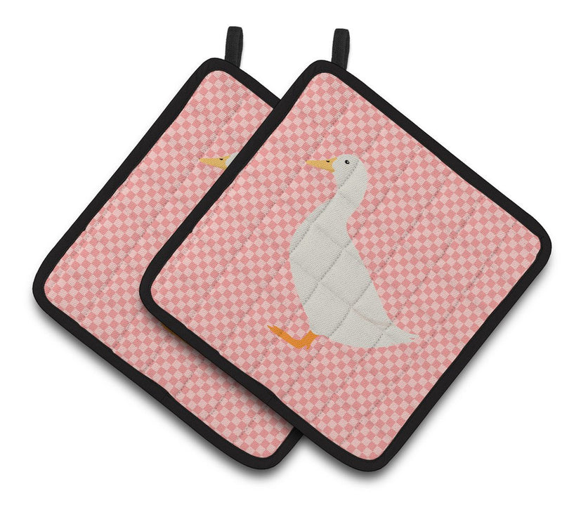 American Pekin Duck Pink Check Pair of Pot Holders BB7860PTHD