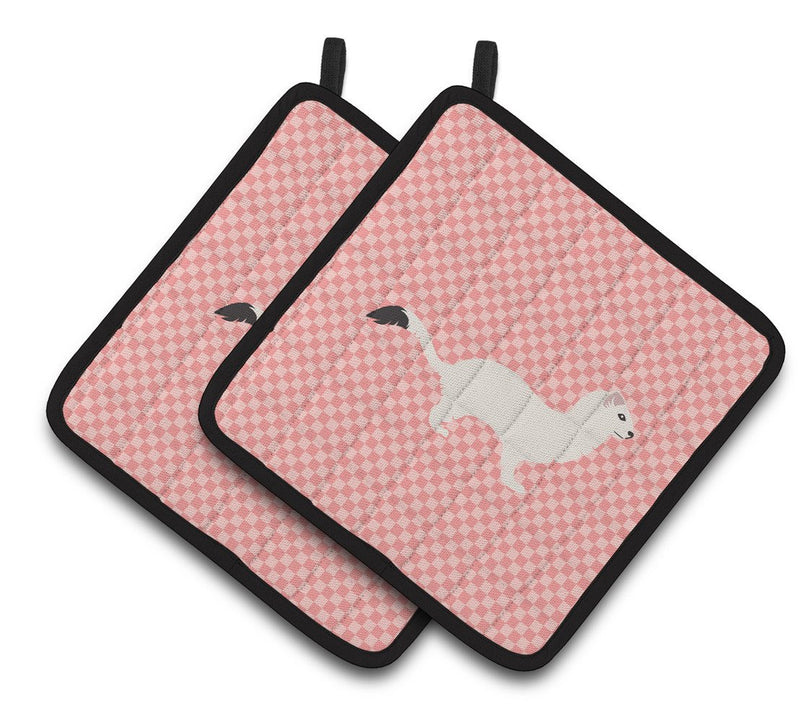 Stoat Short-tailed Weasel Pink Check Pair of Pot Holders BB7872PTHD