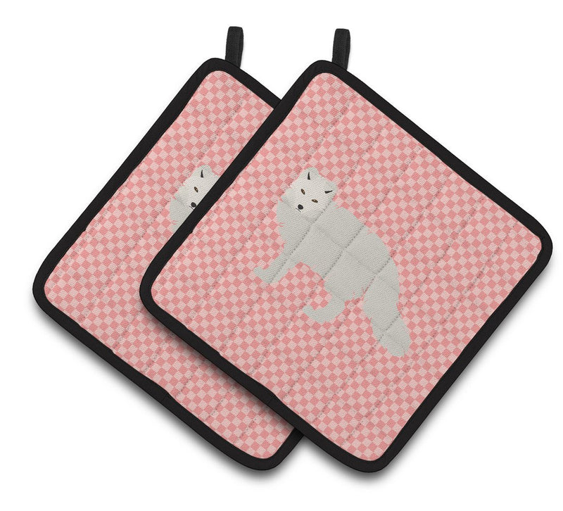 White Arctic Fox Pink Check Pair of Pot Holders BB7877PTHD