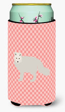 White Arctic Fox Pink Check Tall Boy Hugger Can Cooler Sleeve Machine Washable Drink Collapsible Insulator Beverage Insulated Holder